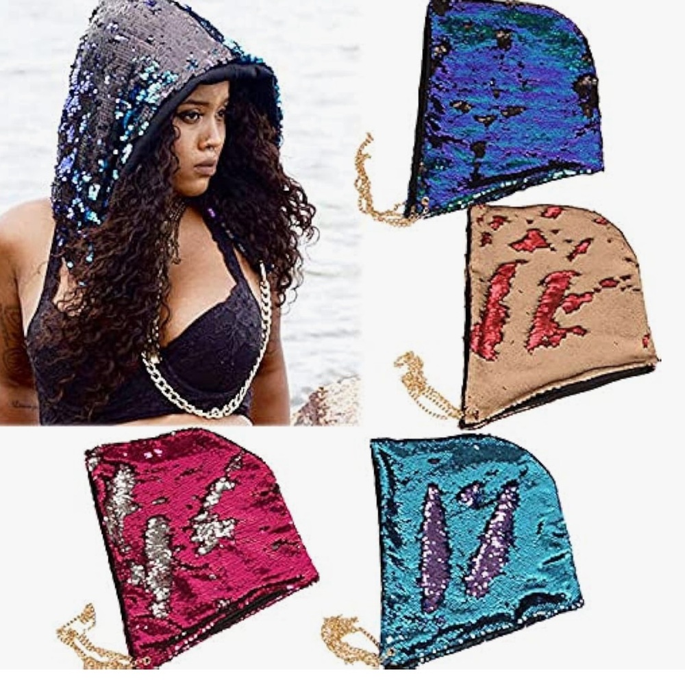Sequin hood mermaid unicorn apocalyptic rave festival wasteland burner new chain - Picture 2 of 10